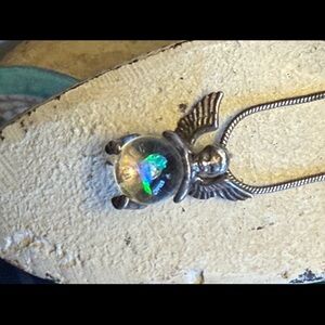 Vintage sterling silver floating opal cherub pendant necklace